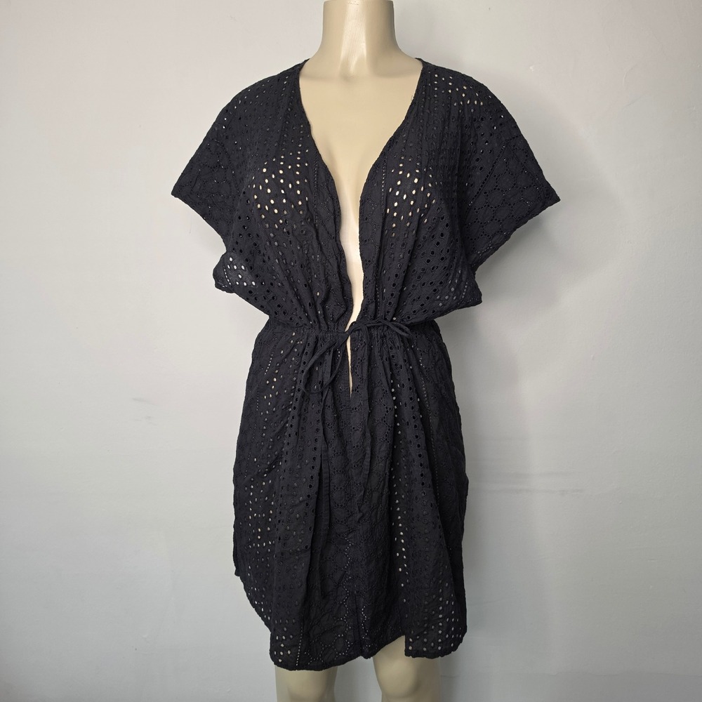Kona Sol Swim Cover Up Women L/XL Black Eyelet Cotton Beach Vacay Travel Neutral
